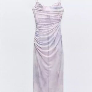 DRAPED PRINTED TULLE DRESS